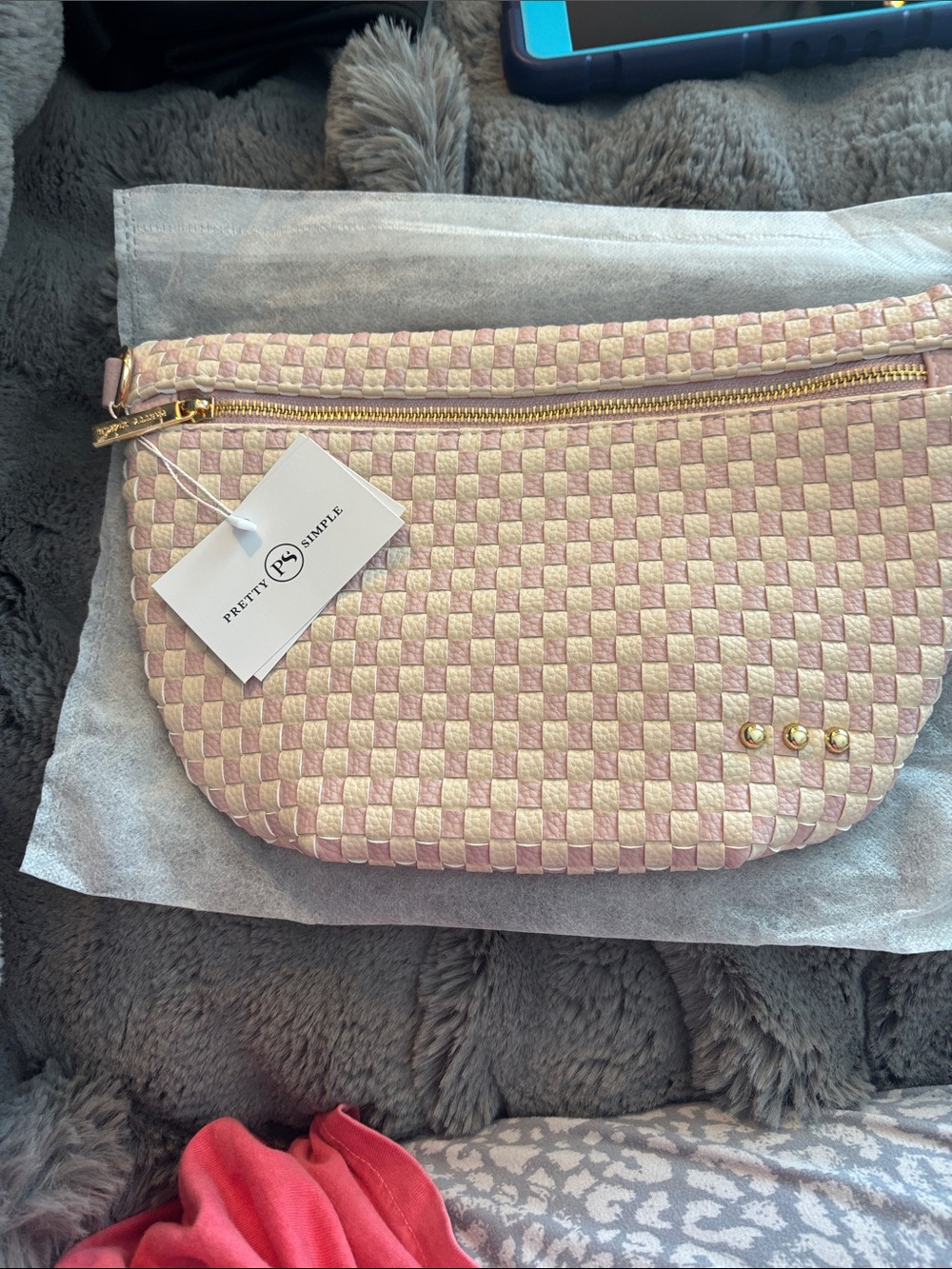 Pretty Simple Blush & Cream Woven Crossbody Bag with Gold Accents